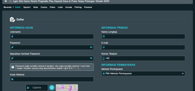 Tampilan Form Daftar KILAT69