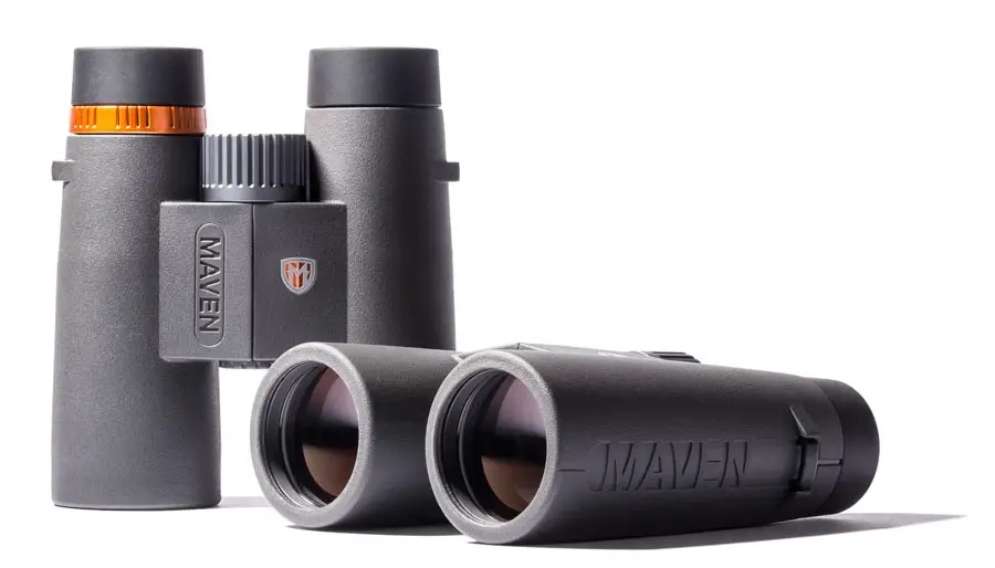 Two pair of Maven binoculars on a white background.