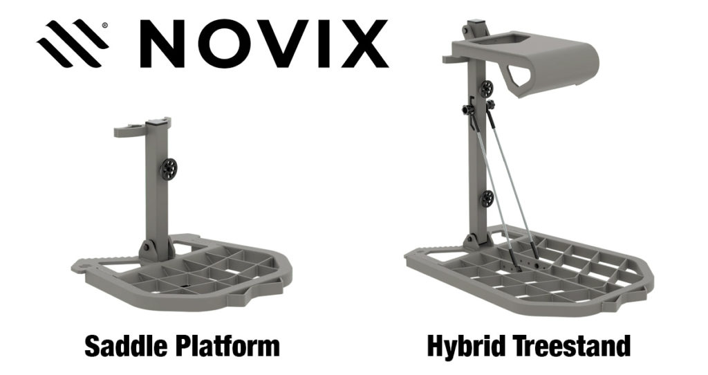 Product images of the Novix saddle platform and hybrid treestand.