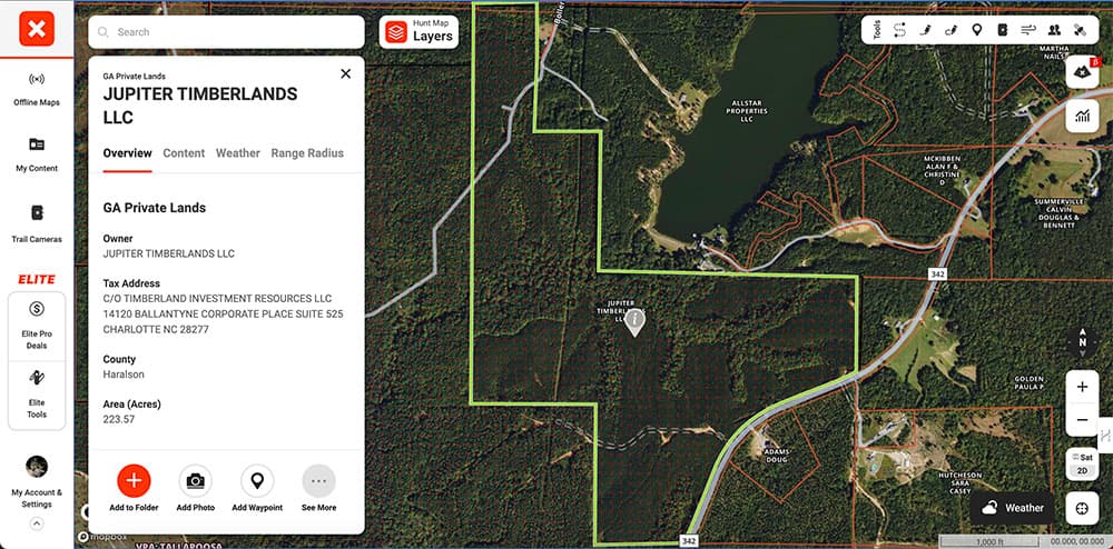 Screenshot of the onX Hunt app used to find private landowners.
